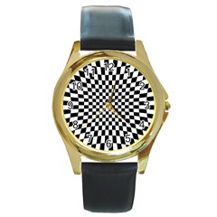 Illusion Checkerboard Black And White Pattern Round Gold Metal Watch