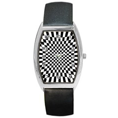 Illusion Checkerboard Black And White Pattern Barrel Style Metal Watch