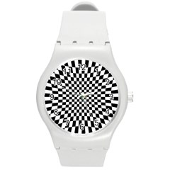 Illusion Checkerboard Black And White Pattern Round Plastic Sport Watch (M)