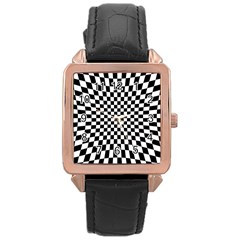 Illusion Checkerboard Black And White Pattern Rose Gold Leather Watch 