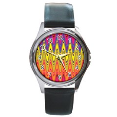 Retro Colorful Waves Background Round Metal Watch