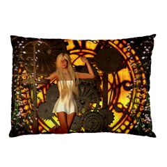 Steampunk Clockwork And Steampunk Girl Pillow Case by FantasyWorld7