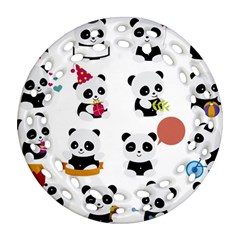 Playing Pandas Cartoons Round Filigree Ornament (two Sides)