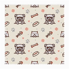 Pug Dog Cat With Bone Fish Bones Paw Prints Ball Seamless Pattern Vector Background Medium Glasses Cloth by Vaneshart