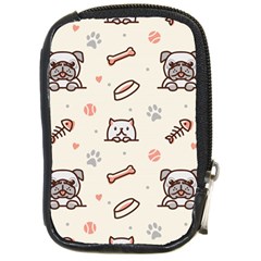 Pug Dog Cat With Bone Fish Bones Paw Prints Ball Seamless Pattern Vector Background Compact Camera Leather Case by Vaneshart