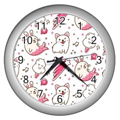 Cute Animals Seamless Pattern Kawaii Doodle Style Wall Clock (silver)