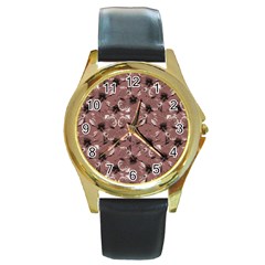 Hibiscus Flowers Collage Pattern Design Round Gold Metal Watch by dflcprintsclothing