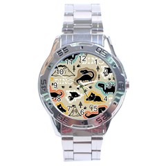 Seamless Pattern With Dinosaurs Silhouette Stainless Steel Analogue Watch