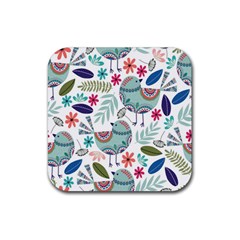 Floral Pattern With Birds Flowers Leaves Dark Background Rubber Coaster (square) 