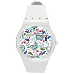 Floral Pattern With Birds Flowers Leaves Dark Background Round Plastic Sport Watch (m)