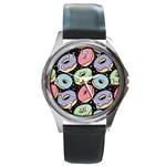 Colorful Donut Seamless Pattern On Black Vector Round Metal Watch Front