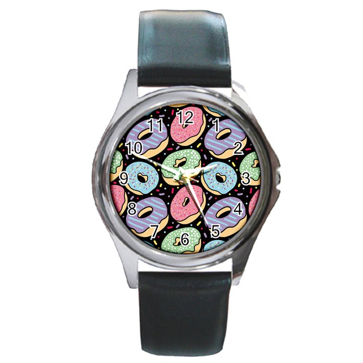 Colorful Donut Seamless Pattern On Black Vector Round Metal Watch