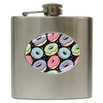 Colorful Donut Seamless Pattern On Black Vector Hip Flask (6 oz) Front