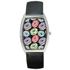 Colorful Donut Seamless Pattern On Black Vector Barrel Style Metal Watch by Sobalvarro