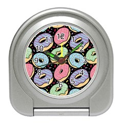 Colorful Donut Seamless Pattern On Black Vector Travel Alarm Clock by Sobalvarro