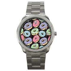 Colorful Donut Seamless Pattern On Black Vector Sport Metal Watch by Sobalvarro