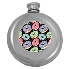 Colorful Donut Seamless Pattern On Black Vector Round Hip Flask (5 Oz) by Sobalvarro
