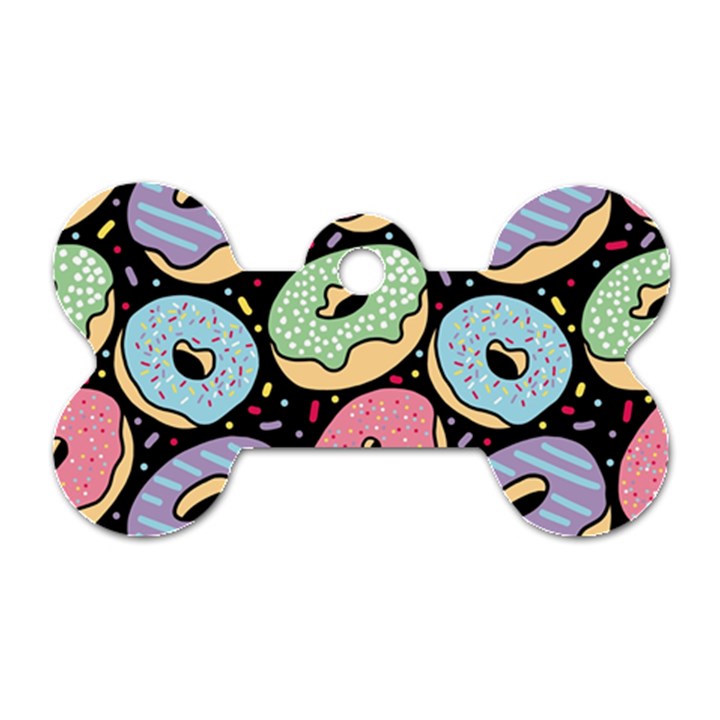 Colorful Donut Seamless Pattern On Black Vector Dog Tag Bone (One Side)