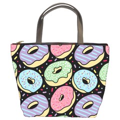 Colorful Donut Seamless Pattern On Black Vector Bucket Bag by Sobalvarro