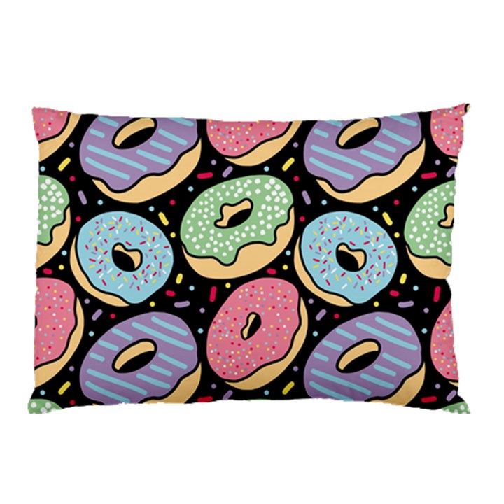 Colorful Donut Seamless Pattern On Black Vector Pillow Case