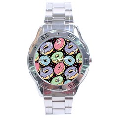 Colorful Donut Seamless Pattern On Black Vector Stainless Steel Analogue Watch by Sobalvarro