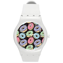 Colorful Donut Seamless Pattern On Black Vector Round Plastic Sport Watch (m) by Sobalvarro