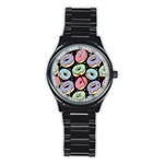 Colorful Donut Seamless Pattern On Black Vector Stainless Steel Round Watch Front