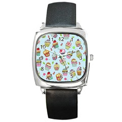 Cupcake Doodle Pattern Square Metal Watch by Sobalvarro