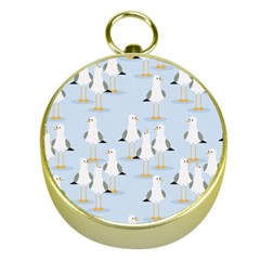 Cute Seagulls Seamless Pattern Light Blue Background Gold Compasses