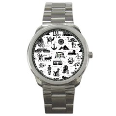 Dark Seamless Pattern Symbols Landmarks Signs Egypt Sport Metal Watch