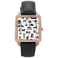 Dark Seamless Pattern Symbols Landmarks Signs Egypt Rose Gold Leather Watch 