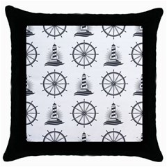 Marine Nautical Seamless Pattern With Vintage Lighthouse Wheel Throw Pillow Case (black) by Wegoenart