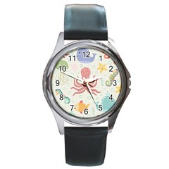 Underwater Seamless Pattern Light Background Funny Round Metal Watch