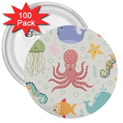 Underwater Seamless Pattern Light Background Funny 3  Buttons (100 pack) 