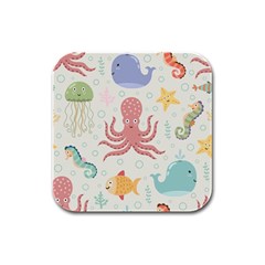 Underwater Seamless Pattern Light Background Funny Rubber Square Coaster (4 pack) 