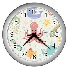 Underwater Seamless Pattern Light Background Funny Wall Clock (Silver)