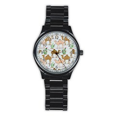 Camels Cactus Desert Pattern Stainless Steel Round Watch