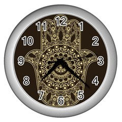 Hamsa Hand Drawn Symbol With Flower Decorative Pattern Wall Clock (silver) by Wegoenart