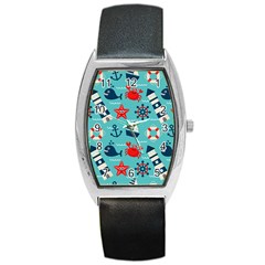 Seamless Pattern Nautical Icons Cartoon Style Barrel Style Metal Watch