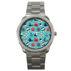 Seamless Pattern Nautical Icons Cartoon Style Sport Metal Watch