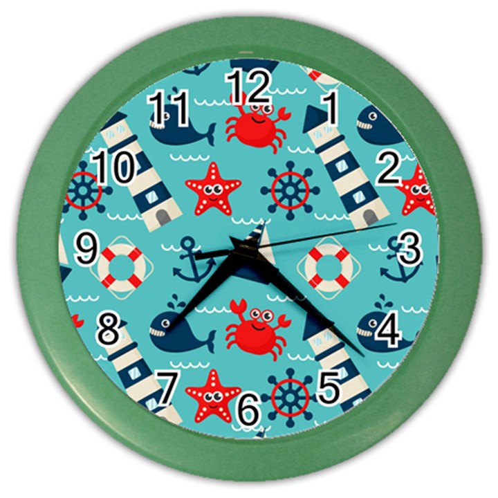 Seamless Pattern Nautical Icons Cartoon Style Color Wall Clock