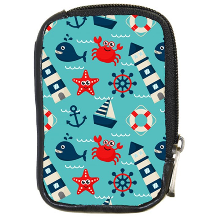Seamless Pattern Nautical Icons Cartoon Style Compact Camera Leather Case