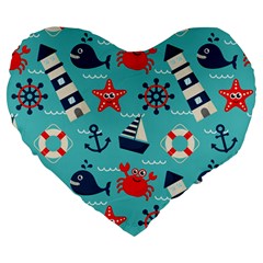 Seamless Pattern Nautical Icons Cartoon Style Large 19  Premium Flano Heart Shape Cushions