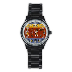 Ancient Egyptian Religion Seamless Pattern Stainless Steel Round Watch by Wegoenart