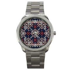 Ukrainian Folk Seamless Pattern Ornament Sport Metal Watch by Wegoenart