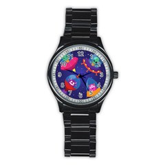 Cartoon Funny Aliens With Ufo Duck Starry Sky Set Stainless Steel Round Watch by Vaneshart