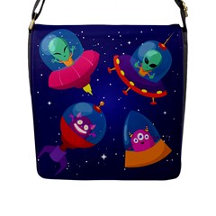 Cartoon Funny Aliens With Ufo Duck Starry Sky Set Flap Closure Messenger Bag (l)