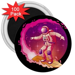 Astronaut Spacesuit Standing Surfboard Surfing Milky Way Stars 3  Magnets (100 Pack) by Vaneshart