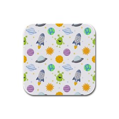 Seamless Pattern Cartoon Space Planets Isolated White Background Rubber Square Coaster (4 Pack) 