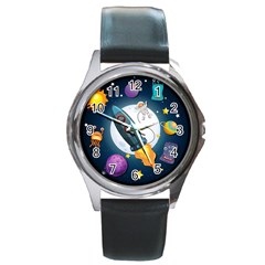 Spaceship Astronaut Space Round Metal Watch by Vaneshart